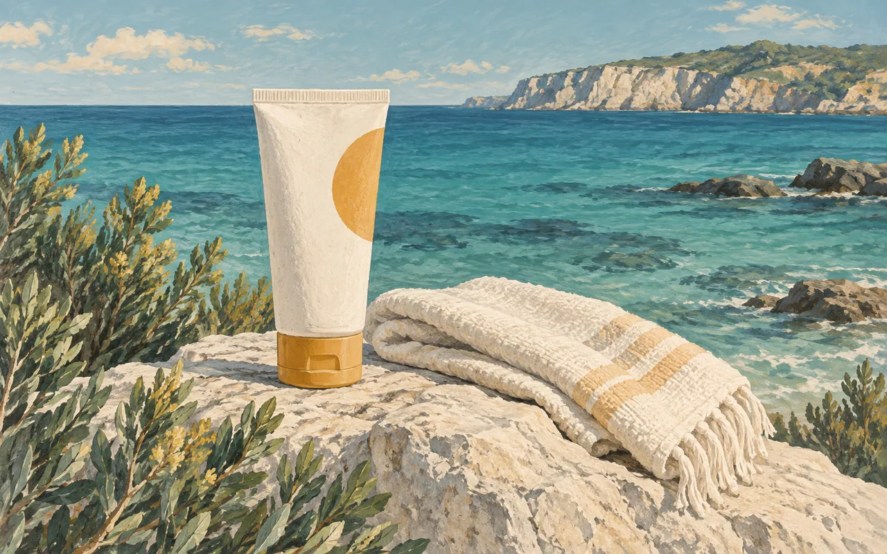 Illustration of a mineral sunscreen tube beside the sea