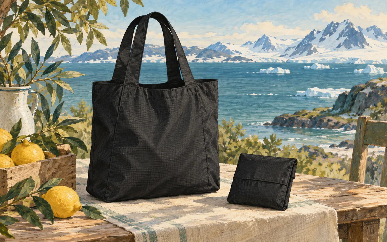 Illustration of a black reusable tote and its small pouch