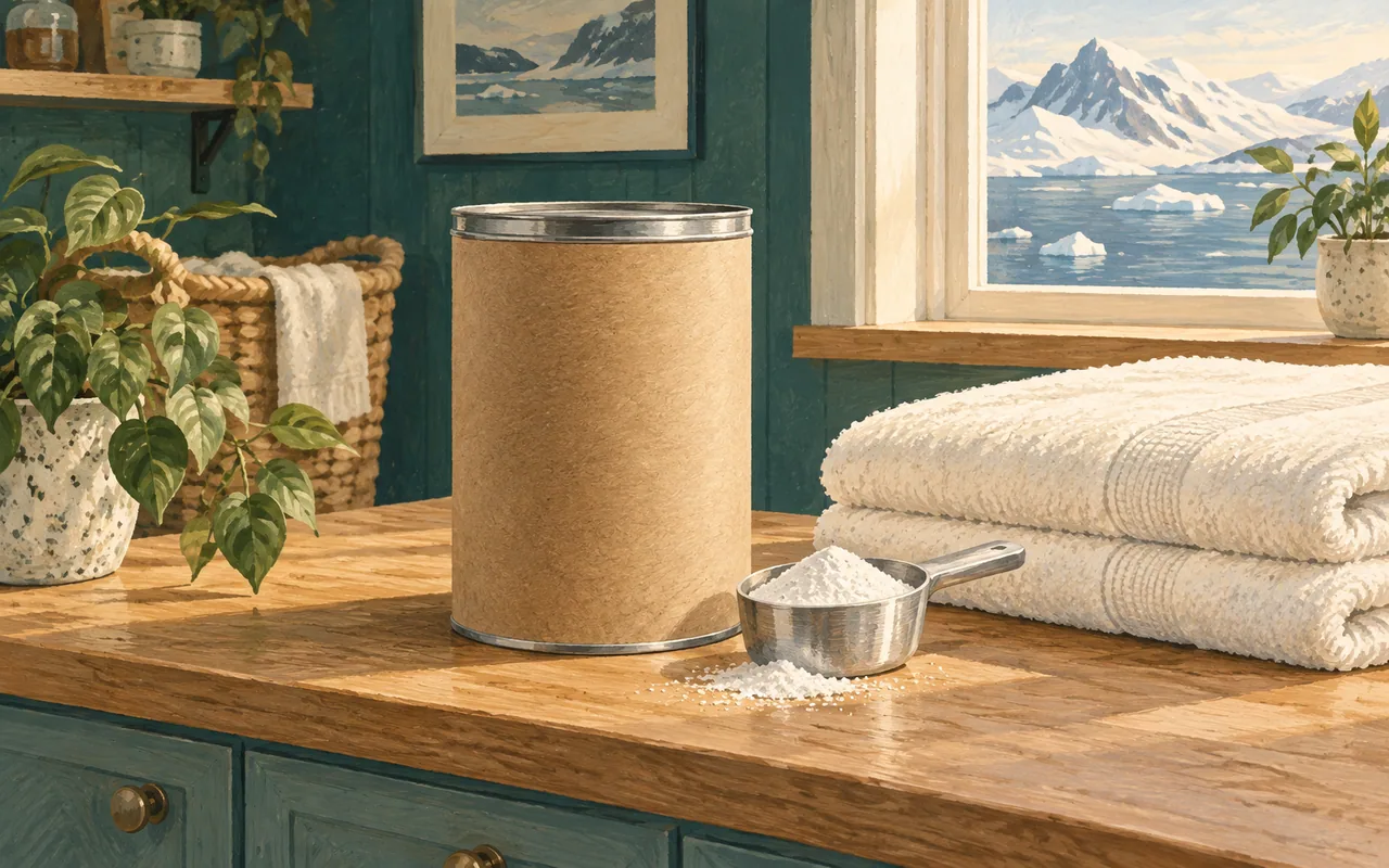 Illustration of a laundry powder canister and metal scoop