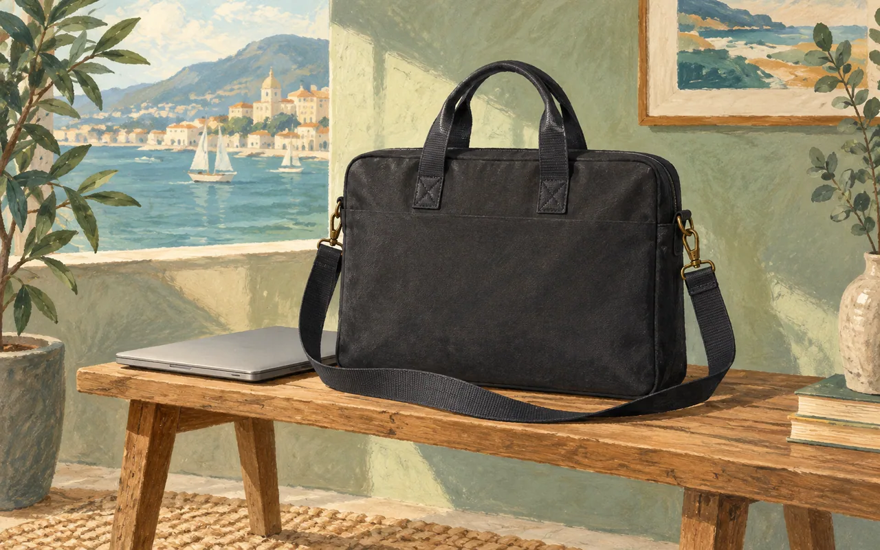 Illustration of a black canvas laptop briefcase on a bench